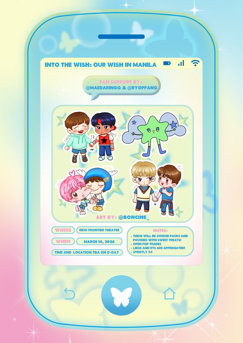maedaringg's tweet photo. ˚₊·—̳͟͞͞☆ NCT WISH Into the Wish: Our Wish in Manila ☆‧₊

fansupport by: @maedaringg @ryoppang + @wishfuldae
Art by: @boncine_

⋆ jaeri yusion sakuryo duo + wichu!
⋆ coin pouch &amp; sticker set
⋆ like &amp; rt to share 
⋆ open for trades ♡
⋆ given randomly~

#OURWISHinMANILA https://t.co/ALXApW6XDa