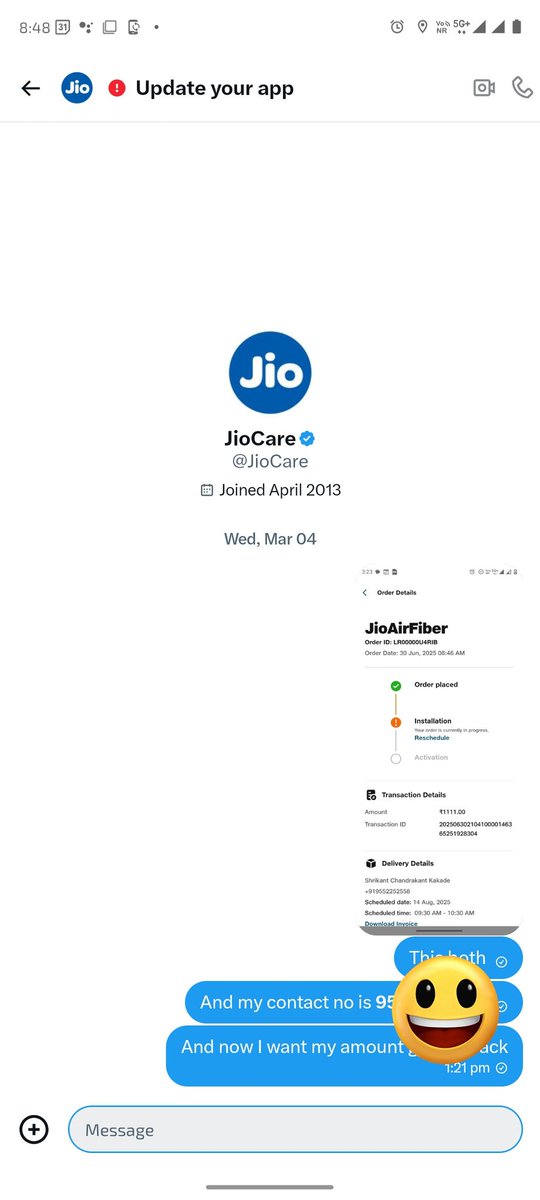 OfficialKakade's tweet photo. @JioCare I sent details last week about what happened after that, but nothing was done yet... I think reliance is taking  granted to people https://t.co/G7fKaFJIt9