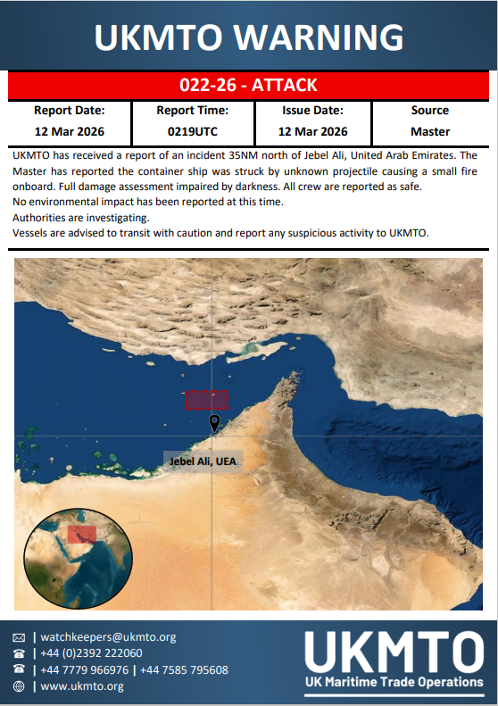 UK_MTO's tweet photo. UKMTO WARNING 022-26  

Click here to view the full Warning⤵️ 

https://t.co/ckodDQ1ABQ

#MaritimeSecurity #MarSec https://t.co/9msiZhnJra