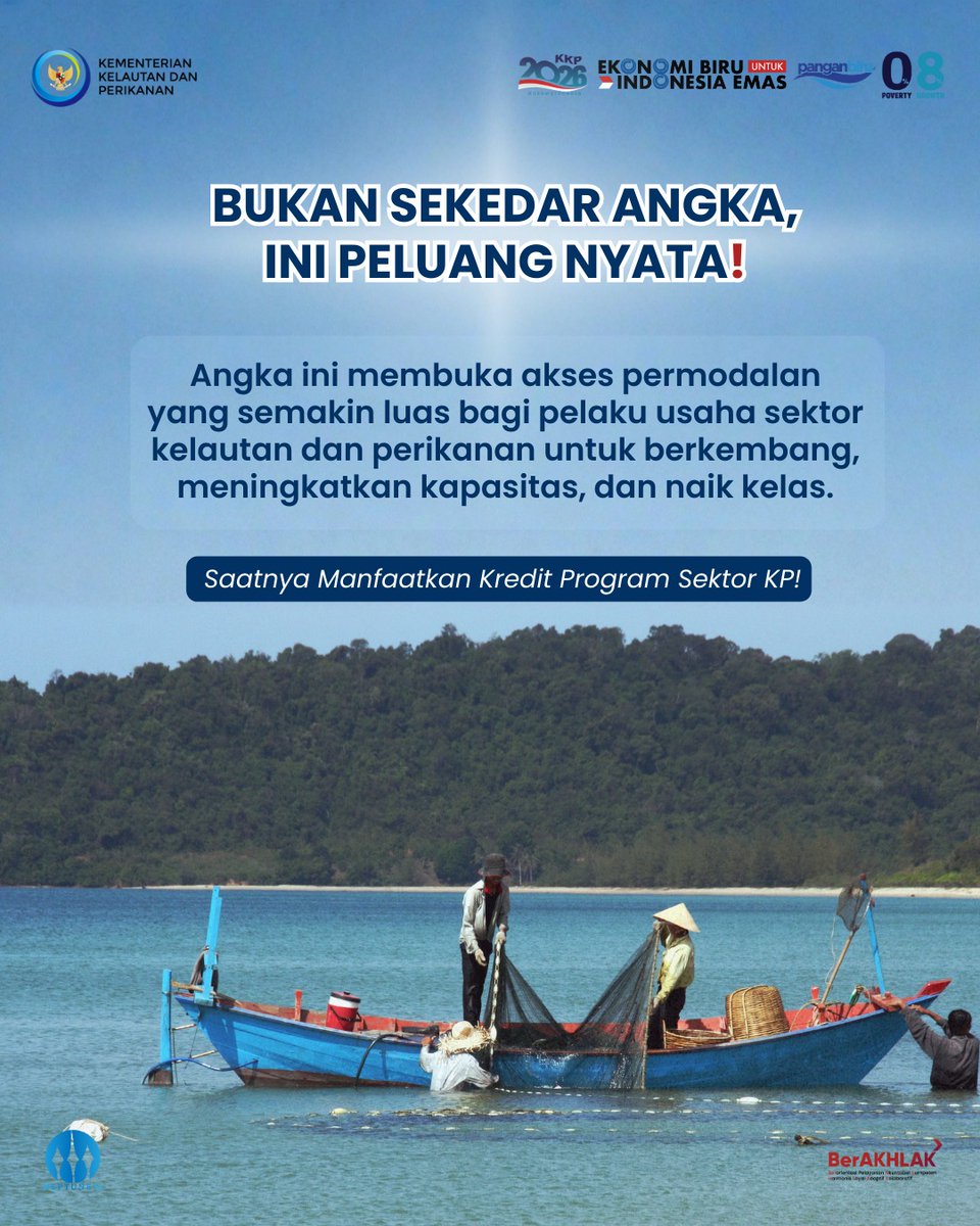 HarfinEko's tweet photo. Sahabat Bahari, dukungan pembiayaan sektor kelautan dan perikanan terus menguat. 
Kredit program mencapai Rp7,45 triliun dan menjangkau 300 ribu lebih pelaku usaha, terutama budi daya, penangkapan &amp; perdagangan hasil perikanan.
#2026KKPGrowStronger #SaktiWahyuTrenggono #KKPGOID https://t.co/pOHUvw5utd