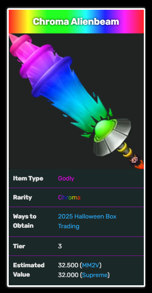 🚀MM2 update: Chroma Alienbeam prices just skyrocketed. Everyone’s scrambling for one right now — does anyone still have it. If you’re holding, you’re basically sitting on a gold mine. 👀💎lolga.com/murder-mystery…
#MM2 #MurderMystery2 #RobloxTrading #ChromaAlienbeam