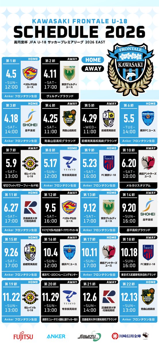 frontale_staff's tweet photo. 川崎フロンターレU-18が出場する「高円宮杯 JFA U-18サッカープレミアリーグ 2026」の試合スケジュールが決定しました。

トップチーム同様、アカデミーにも熱いご声援をよろしくお願いします!!

※試合会場やキックオフ時刻は変更となる場合があります。

https://t.co/NKzG6p7cB4

【広報】#frontale #高円宮U18