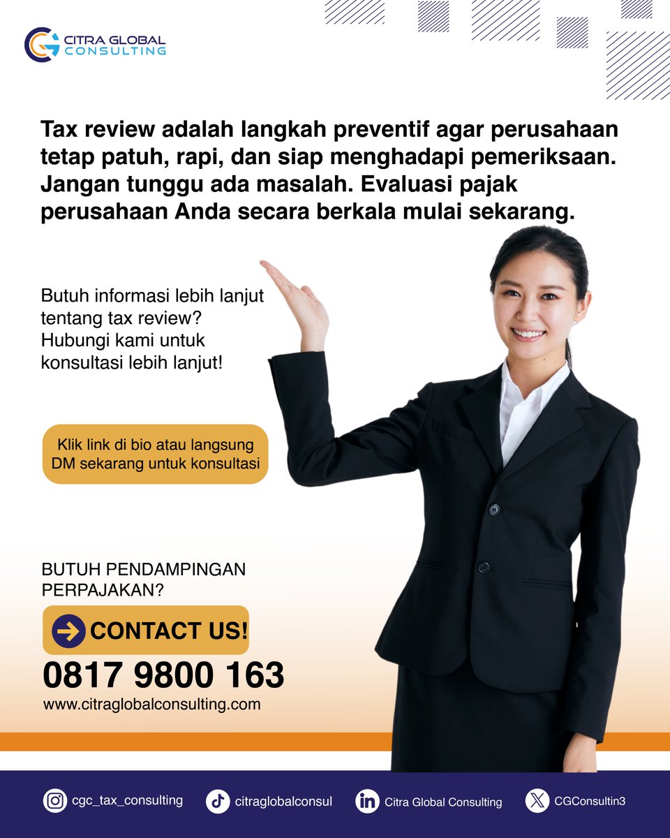 CGConsulting3's tweet photo. Jangan tunggu surat pemeriksaan datang baru sibuk berbenah! ⚠️

Banyak perusahaan tidak sadar ada kesalahan kecil dalam perhitungan pajak mereka sampai akhirnya audit dilakukan. Di sinilah Tax Review berperan sebagai "detektor dini".
#Tax #TaxReview #ManajemenRisiko #AuditPajak https://t.co/ysXFJsUVoY
