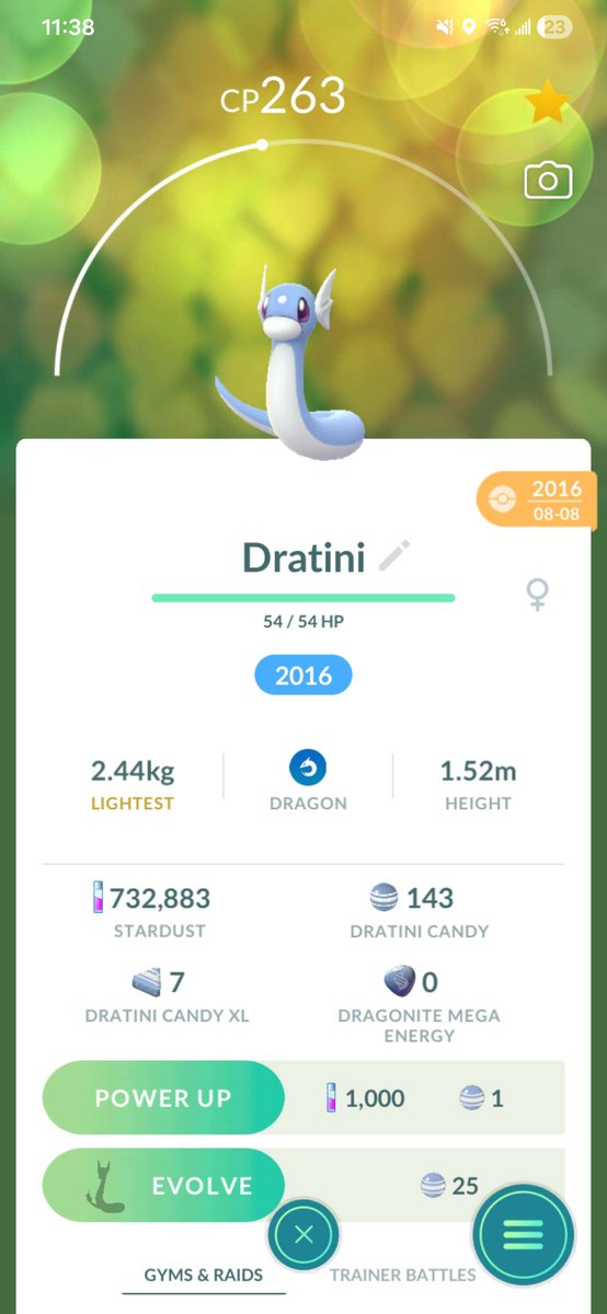 GtsSage's tweet photo. Caught this Dratini on Aug 8, 2016 during the early days of Pokémon GO.

Almost 10 years later and I still haven’t transferred it. Some Pokémon are just memories you keep forever.

#GOMemories #Sweepstakes @PokemonGoApp https://t.co/4KX4A6JPSU