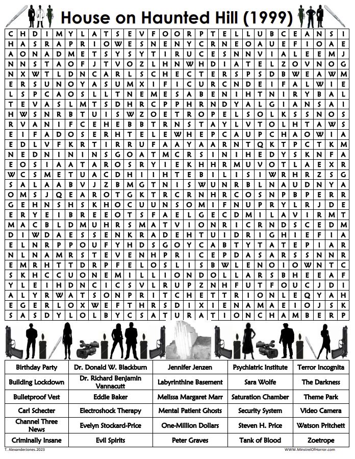 MistrelofHorror's tweet photo. It's #wordsearchwednesday
House on Haunted Hill (1999)
I hope I'm never wealthy enough to have to pay people to party with me...or lonely enough to choose a venue so ghosts will come!
#puzzle #wordsearch #Horrorfam #Horror #birthday #haunted #hospital #asylum #ghost #killer https://t.co/ePAaUeTKUm