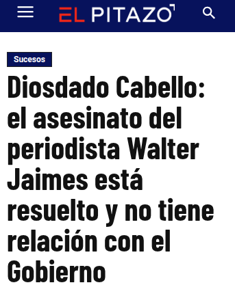 05t1n40's tweet photo. Según Diosdado, y en tiempo récord, fue esclarecido el homicidio de Walter Jaimes.

"Ya hay dos personas presentadas en tribunales e imputadas por el delito de homicidio. No guarda relación alguna con funcionarios del gobierno."

No tiene nada que ver el hecho de que Walter haya sido sepultado apresuradamente en una fosa común, sin notificación a su familia, por funcionarios del Estado; no tiene nada que ver.

¿Quién puede creerle una palabra al mayor asesino de Venezuela?