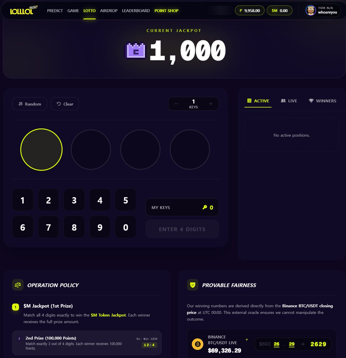 lolloldotfun's tweet image. Hey fam, the 1,000 $M Jackpot is waiting! 

Can you guess the last 4 digits of the BTC price? 

Earn points, jump into the Lotto, and prove your intuition. 

Don't just watch the price move—get paid for it! 💸✨ 

🔗lollol.fun/lotto

#LOLLOL #BTC #Jackpot #LottoPool