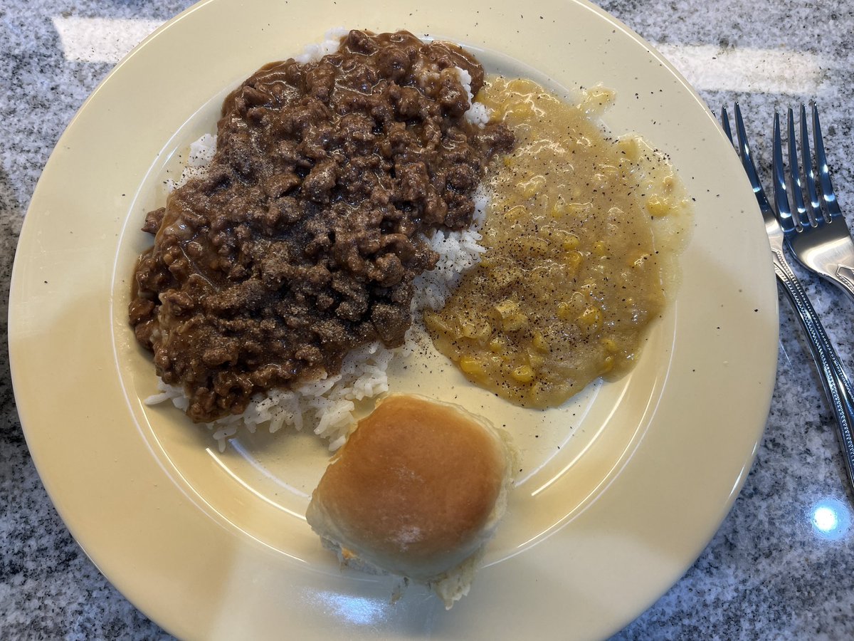 frog_always371's tweet photo. “Dad Surprise” - growing up when there wasn’t a lot, Dad regularly cooked ground beef in a frying pan adding in a simple homemade flour and beef bullion gravy, then we’d pour it over buttered white rice. It was super cheap and delicious! Dad would be proud as it’s still a favorite I make today! 🥰