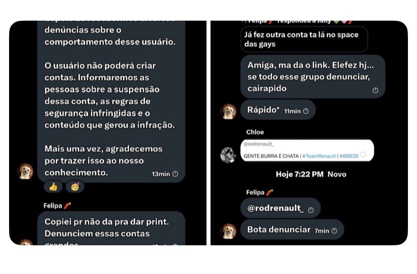 🚨 ATENÇÃO #TeamRenault: 
A conta <a href="/felipa29502/">Felipa 🧨</a> está organizando e incentivando campanhas coordenadas de denúncias em massa para tentar derrubar perfis que torcem pela Ana Paula.
Já vi vários relatos de gente recebendo strikes por causa disso.
Recomendo fortemente:
→ Bloqueiem