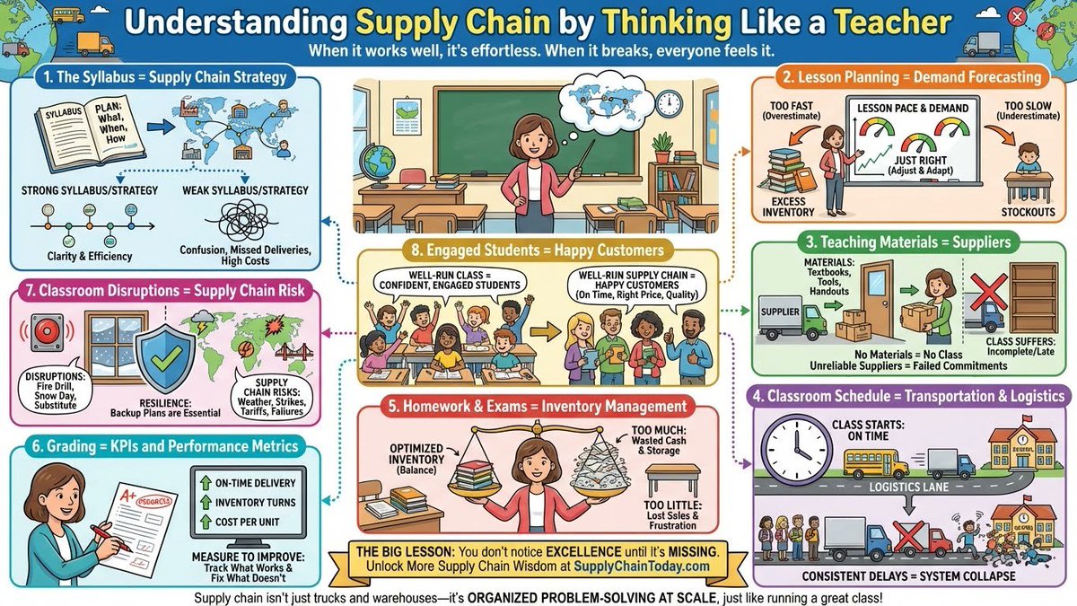 LogisticsStuff's tweet image. Supply Chain Management Explained: Think of It Like Teaching a Class. #supplychain  #LogisticsExplained #SupplyChainManagement #ClassroomAnalogy   For further details: supplychaintoday.com/supply-chain-m…