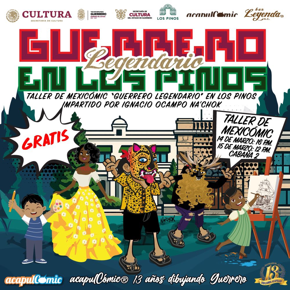 acapulComic's tweet photo. ¡Banda de la #CDMX! ¡Por qué ustedes lo pidieron! Llega hasta la Ciudad de México el taller de mexiCómic “Guerrero legendario” este sábado a las 16 hrs y domingo a las 12 pm en la cabaña 2 del Complejo Cultural Los Pinos en el marco del evento cultural “Guerrero en los Pinos” 👇🏽 https://t.co/7UbIZpRky4