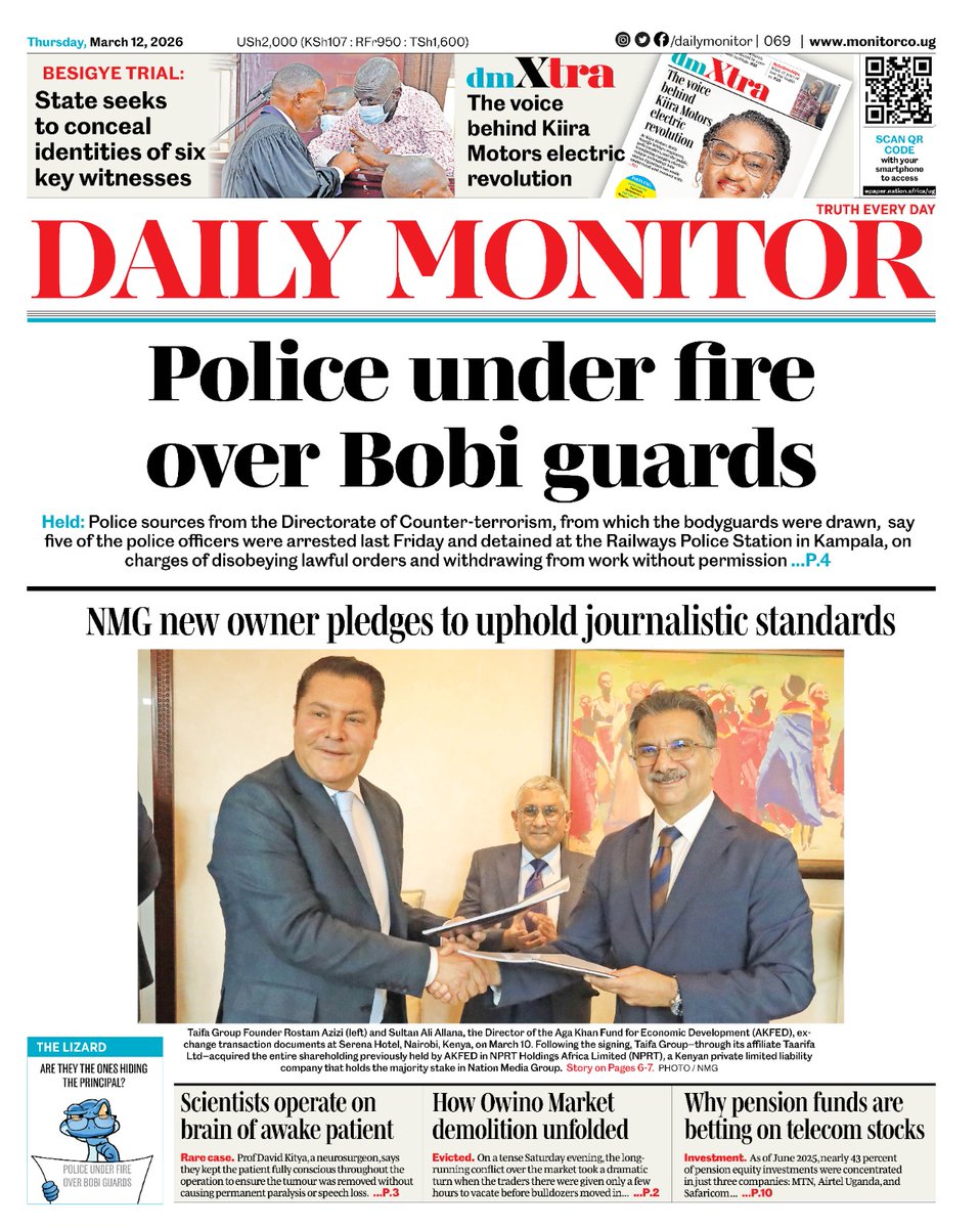 DailyMonitor's tweet photo. ■Police under fire over Bobi Wine guards 

■State asks court to hide 6 witnesses in Besigye case 

Details and much more in your copy of Daily Monitor that's now available on the streets and e-paper at: 👉🏾 https://t.co/o25zZDCMnJ https://t.co/XMZFCaZMxr