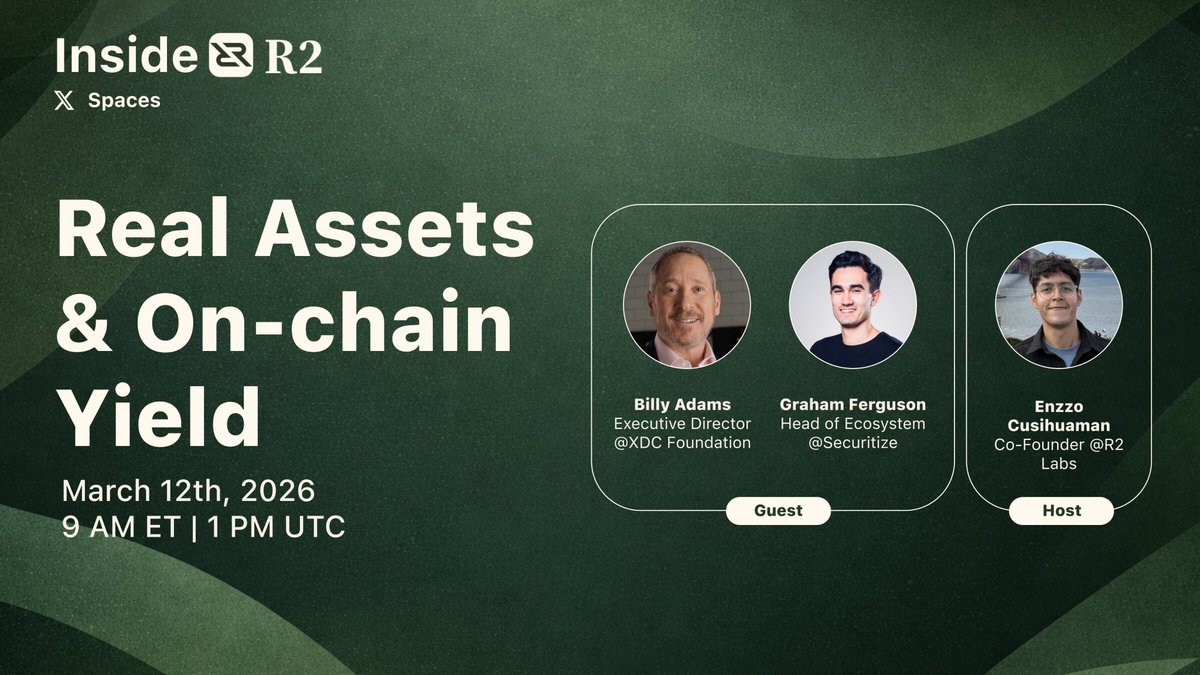 What will the future of on-chain yield look like?

Today we’ll discuss Real Assets &amp; DeFi with leaders from
<a href="/XDCFoundation/">XDC Foundation</a>, <a href="/Securitize/">Securitize</a> and <a href="/r2yield/">R2 Protocol</a>.

🗓 March 12
9 AM ET | 1 PM UTC

💰 $100 giveaway
Like + RT + comment below.

Winner announced after the Space!