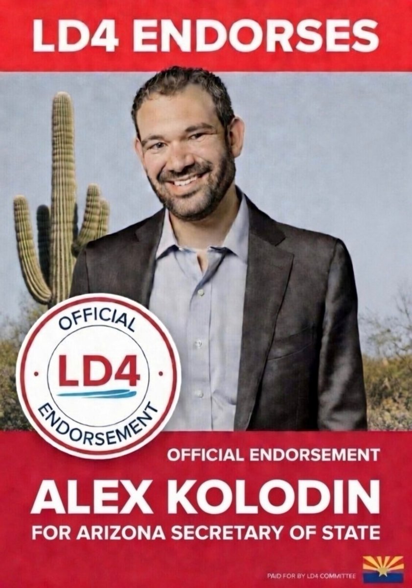 🎉 Arizona Legislative District 4 proudly ENDORSES <a href="/realAlexKolodin/">Rep. Alexander Kolodin</a> for Secretary of State! Alex is the fierce conservative fighter we need to secure our votes and restore trust in AZ elections. Let's go! 🇺🇸🗳️
