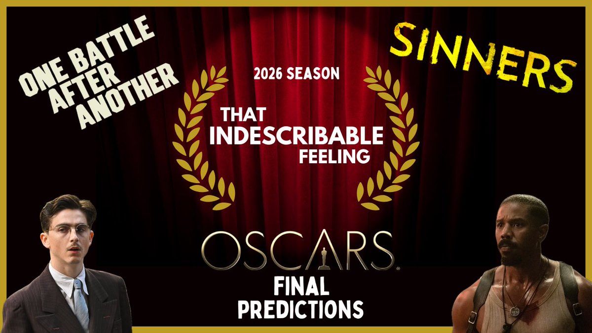 WHFGPodcast's tweet photo. Film’s biggest night is days away, so we're back with our final episode of That Indescribable Feeling to give our final predictions for the 2026 Academy Awards! Timmy or MBJ? Sinners or One Battle? Who the hell is winning Supporting Actress? Tune in as we try to provide answers! https://t.co/Gzhg8zv2Pp