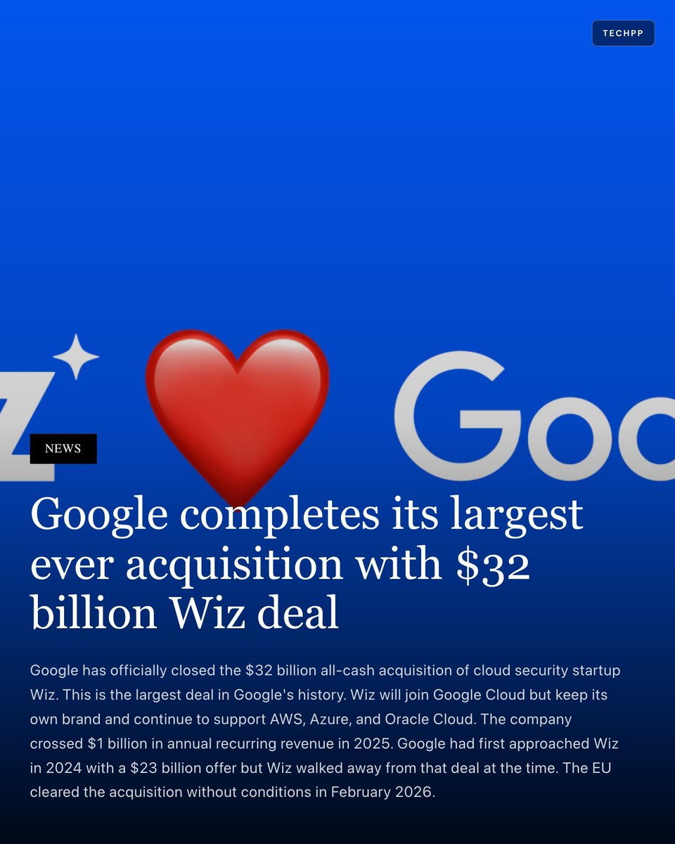techpp's tweet image. Google completes its largest ever acquisition with $32 billion Wiz deal

#Google #Wiz #Acquisition #CloudSecurity #GoogleCloud