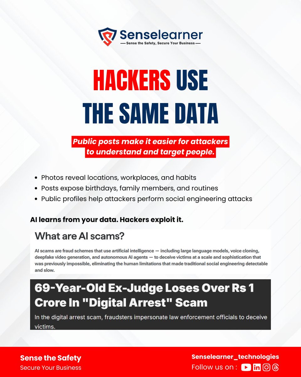 SenselearnerL's tweet photo. Your posts train AI… but they also give hackers clues. Think before you share. 

#CyberSecurity #DataPrivacy #AI #OnlineSafety #DigitalAwareness #CyberThreats #StaySafeOnline #Senselearner https://t.co/9kLcFC1ag9