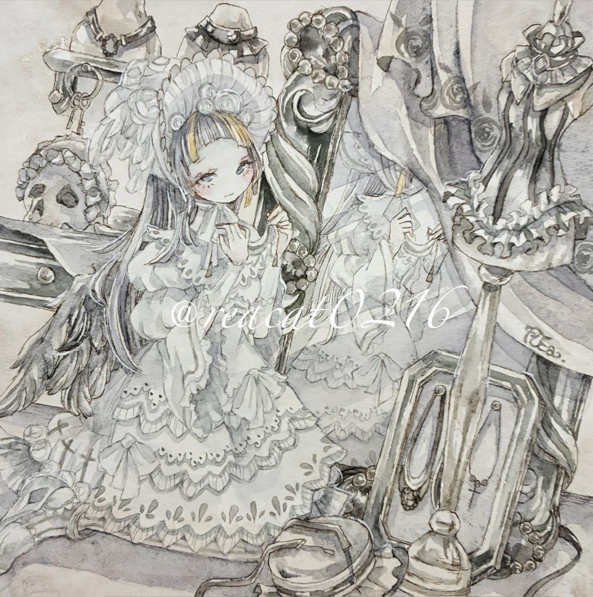 [white dressに憧れて]
「たとえ翼が黒くとも」

15㎝角の作品です
肌や顔周り以外はグレー、黒、茶系のみで塗ってます🖌️
#ゴシックチョーカー