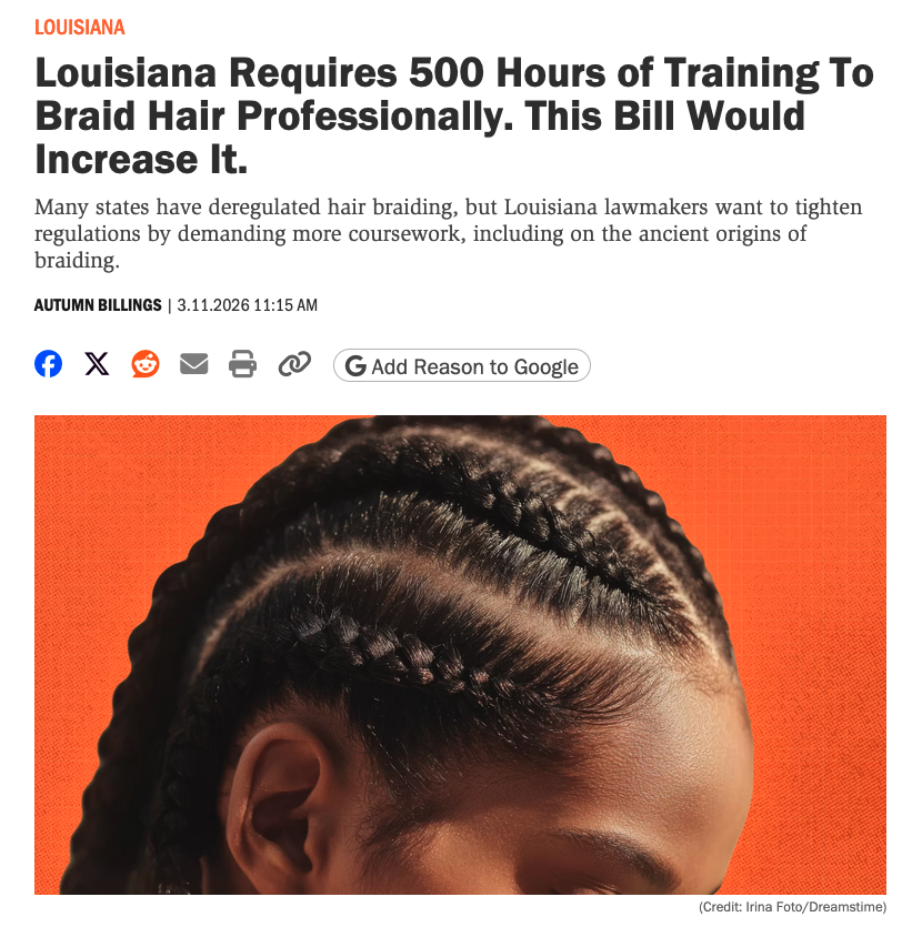 In Louisiana, the Democratic hair braiding licensing bill would require 600 hours of training at a licensed cosmetology school, an annual exam, and a fee. The Republican bill would require an annual 20-question health and safety exam and a fee. Why are Democrats like this?