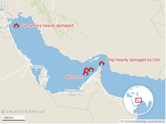 Over the last 36 hours, Iranian forces have carried out 5 likely successful attacks on commercial vessels across the Persian Gulf.

At least 3 vessels have been heavily damaged, with another 3 suffering minor damage. Notably, some of the attacks were carried out by drone boats.