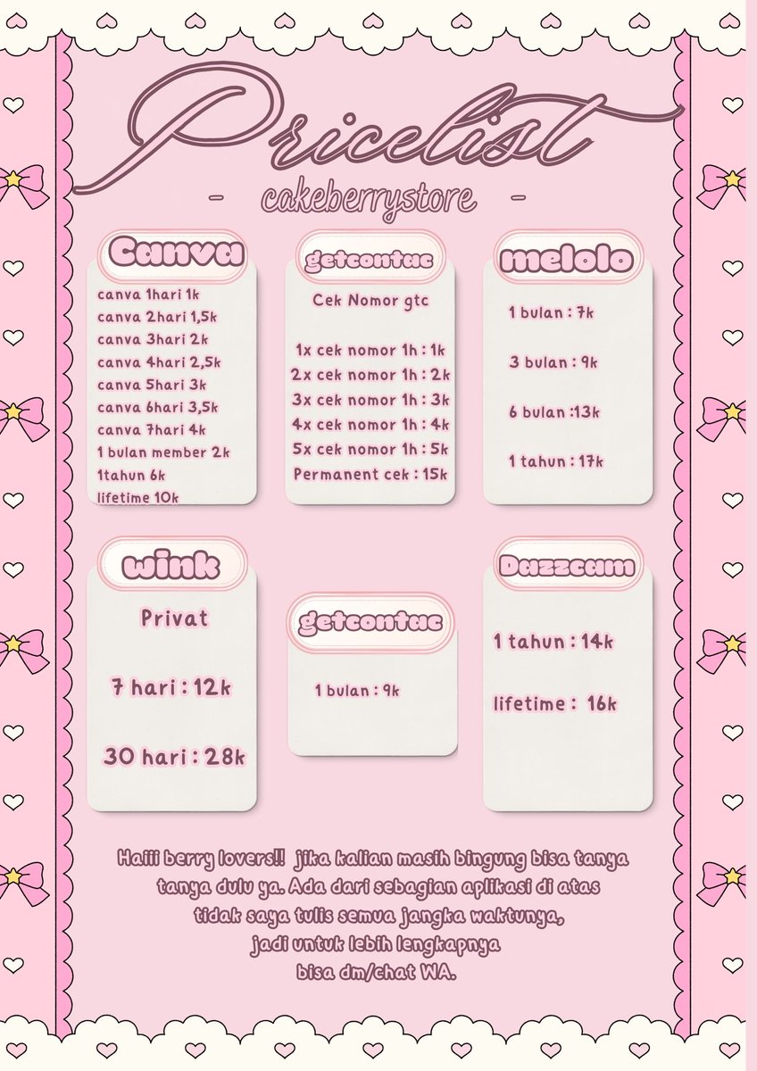 cakeberrystore's tweet photo. APK PREMIUM LENGKAP + MURAH?😱
yg murah murah gini ya pasti order di store
cakeberry yaa beb!! 🤩😚💗

(ini pricelist nya ga lengkap yaaa, jadi bisa tanya
apk yg kalian cari di WA aku)

contact person: https://t.co/uSRt1D9shJ

#zonauang #zonajajan #apkprem https://t.co/fVm4FaGMML
