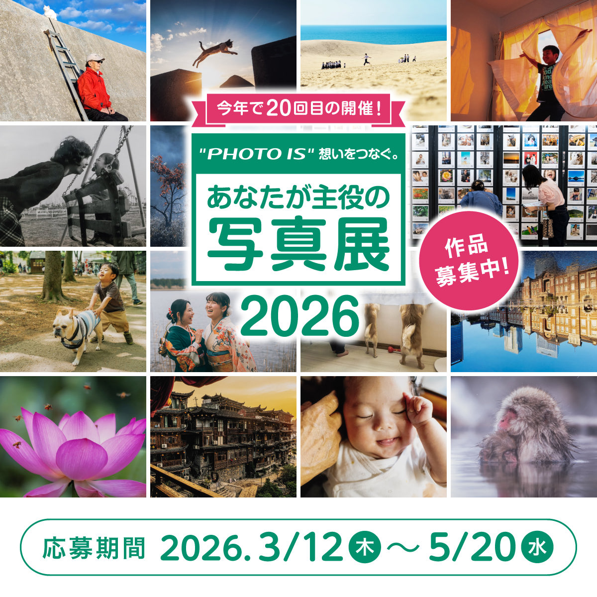 FujifilmJP_1man's tweet photo. 【本日から応募開始！】
「“PHOTO IS”想いをつなぐ。あなたが主役の写真展2026」を今年も開催！節目となる20回目の今回は、3部門を新設し、幅広い作品を募集します。
皆さまのご応募お待ちしております！
応募期間：3月12日(木)～5月20日(水)
#photois
#あなたが主役の写真展
https://t.co/aSdJrMFgTc https://t.co/ujCR3GZYGl