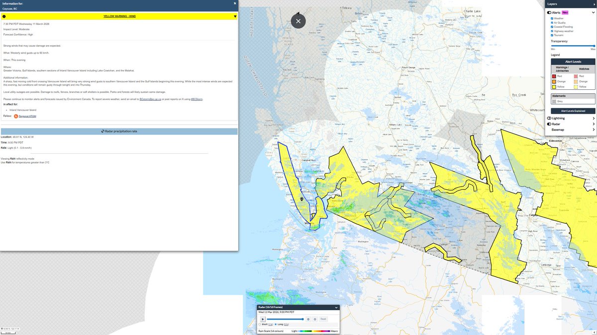 Zach_wx's tweet photo. #BCStorm #BCwx #BCStormWatch #BCWind
As the wind event, thanks to our low w/ associated CF/frontal system & strong winds aloft, continues/begins to get underway, here is a complete look at the current alerts...
- Wind Warning for the Greater Victoria, Gulf Islands, southern sections of Inland Vancouver Island including Lake Cowichan, and the Malahat for the potential for up to 90 km/h gusts this evening, w/ lingering elevated winds possible for the rest of tonight into Thursday.
- Wind Warning for Metro Vancouver - Central, North Shore, and Northeast, and southern sections of the Sunshine Coast including Sechelt and Gibsons for the potential for up to 70-90 km/h gusts this evening.
- Wind Warning for the Fraser Valley & Metro Vancouver - Southwest and Southeast for the potential for up to 90 km/h gusts (up to 90-100 km/h for the East FV) this evening, w/ lingering elevated winds possible for the rest of tonight into Thursday.
- Snowfall Warning for the Sea to Sky Highway north of Squamish, and Whistler for the potential for up to 15-25 cm of snow.
- Wind Warning for the Fraser Canyon - south including Lytton, Manning - Skagit Valley, Similkameen, Nicola, Central and South Okanagan - including Kelowna and Penticton, & Coq - Kamloops to Merritt for the potential for up to 90 km/h gusts tonight.
- Winter Storm Warning for the Coquihalla Highway - Hope to Merritt for the potential of up to 50 cm of snow by Thursday morning, w/ wind gusts up to 100 km/h & blowing snow-blizzard conditions possible tonight, changing to the possibility of blowing snow & gusty winds Thursday morning. (Rapidly-changing conditions are expected, see alert below for further details)
- Winter Storm Warning for Highway 3 - Hope to Princeton & Okanagan Connector - Merritt to Kelowna for up to 15 cm of snow possible by Thursday morning, w/ wind gusts up to 100 km/h & blowing snow-blizzard conditions possible tonight, changing to the possibility of blowing snow & gusty winds Thursday morning. (See alert below for further details)
- Special Weather Statement for the North Okanagan - including Vernon and the Kootenays for the potential for up to 80 km/h late this evening to Thursday morning.
- Snowfall Warning for the West Columbia, Golden/East Columbia, and Yoho Park - Kootenay Park for up to 10-15 cm of snow possible by tmrw morning, w/ blowing snow possible.
- Snowfall Warning for the Trans-Canada Highway - Eagle Pass to Rogers Pass for up to 25 cm of snow possible for tmrw morning, w/ blowing snow possible.
- Snowfall Warning for the Elk Valley for up to 25-35 cm of snow possible by Thursday morning, w/ blowing snow-blizzard like conditions possible.
- Winter Storm Warning for Highway 3 - Paulson Summit to Kootenay Pass for up to 35 cm of snow possible by Thursday morning, w/ wind gusts up to 80 km/h & blowing snow-blizzard like conditions possible tonight, changing to the possibility of blowing snow & gusty winds Thursday morning. (See alert below for further details)