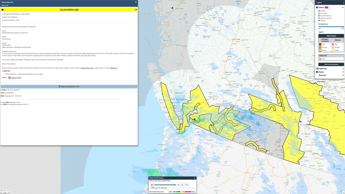 Zach_wx's tweet photo. #BCStorm #BCwx #BCStormWatch #BCWind
As the wind event, thanks to our low w/ associated CF/frontal system & strong winds aloft, continues/begins to get underway, here is a complete look at the current alerts...
- Wind Warning for the Greater Victoria, Gulf Islands, southern sections of Inland Vancouver Island including Lake Cowichan, and the Malahat for the potential for up to 90 km/h gusts this evening, w/ lingering elevated winds possible for the rest of tonight into Thursday.
- Wind Warning for Metro Vancouver - Central, North Shore, and Northeast, and southern sections of the Sunshine Coast including Sechelt and Gibsons for the potential for up to 70-90 km/h gusts this evening.
- Wind Warning for the Fraser Valley & Metro Vancouver - Southwest and Southeast for the potential for up to 90 km/h gusts (up to 90-100 km/h for the East FV) this evening, w/ lingering elevated winds possible for the rest of tonight into Thursday.
- Snowfall Warning for the Sea to Sky Highway north of Squamish, and Whistler for the potential for up to 15-25 cm of snow.
- Wind Warning for the Fraser Canyon - south including Lytton, Manning - Skagit Valley, Similkameen, Nicola, Central and South Okanagan - including Kelowna and Penticton, & Coq - Kamloops to Merritt for the potential for up to 90 km/h gusts tonight.
- Winter Storm Warning for the Coquihalla Highway - Hope to Merritt for the potential of up to 50 cm of snow by Thursday morning, w/ wind gusts up to 100 km/h & blowing snow-blizzard conditions possible tonight, changing to the possibility of blowing snow & gusty winds Thursday morning. (Rapidly-changing conditions are expected, see alert below for further details)
- Winter Storm Warning for Highway 3 - Hope to Princeton & Okanagan Connector - Merritt to Kelowna for up to 15 cm of snow possible by Thursday morning, w/ wind gusts up to 100 km/h & blowing snow-blizzard conditions possible tonight, changing to the possibility of blowing snow & gusty winds Thursday morning. (See alert below for further details)
- Special Weather Statement for the North Okanagan - including Vernon and the Kootenays for the potential for up to 80 km/h late this evening to Thursday morning.
- Snowfall Warning for the West Columbia, Golden/East Columbia, and Yoho Park - Kootenay Park for up to 10-15 cm of snow possible by tmrw morning, w/ blowing snow possible.
- Snowfall Warning for the Trans-Canada Highway - Eagle Pass to Rogers Pass for up to 25 cm of snow possible for tmrw morning, w/ blowing snow possible.
- Snowfall Warning for the Elk Valley for up to 25-35 cm of snow possible by Thursday morning, w/ blowing snow-blizzard like conditions possible.
- Winter Storm Warning for Highway 3 - Paulson Summit to Kootenay Pass for up to 35 cm of snow possible by Thursday morning, w/ wind gusts up to 80 km/h & blowing snow-blizzard like conditions possible tonight, changing to the possibility of blowing snow & gusty winds Thursday morning. (See alert below for further details)