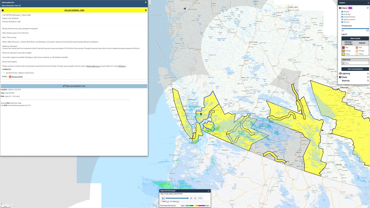 Zach_wx's tweet photo. #BCStorm #BCwx #BCStormWatch #BCWind
As the wind event, thanks to our low w/ associated CF/frontal system & strong winds aloft, continues/begins to get underway, here is a complete look at the current alerts...
- Wind Warning for the Greater Victoria, Gulf Islands, southern sections of Inland Vancouver Island including Lake Cowichan, and the Malahat for the potential for up to 90 km/h gusts this evening, w/ lingering elevated winds possible for the rest of tonight into Thursday.
- Wind Warning for Metro Vancouver - Central, North Shore, and Northeast, and southern sections of the Sunshine Coast including Sechelt and Gibsons for the potential for up to 70-90 km/h gusts this evening.
- Wind Warning for the Fraser Valley & Metro Vancouver - Southwest and Southeast for the potential for up to 90 km/h gusts (up to 90-100 km/h for the East FV) this evening, w/ lingering elevated winds possible for the rest of tonight into Thursday.
- Snowfall Warning for the Sea to Sky Highway north of Squamish, and Whistler for the potential for up to 15-25 cm of snow.
- Wind Warning for the Fraser Canyon - south including Lytton, Manning - Skagit Valley, Similkameen, Nicola, Central and South Okanagan - including Kelowna and Penticton, & Coq - Kamloops to Merritt for the potential for up to 90 km/h gusts tonight.
- Winter Storm Warning for the Coquihalla Highway - Hope to Merritt for the potential of up to 50 cm of snow by Thursday morning, w/ wind gusts up to 100 km/h & blowing snow-blizzard conditions possible tonight, changing to the possibility of blowing snow & gusty winds Thursday morning. (Rapidly-changing conditions are expected, see alert below for further details)
- Winter Storm Warning for Highway 3 - Hope to Princeton & Okanagan Connector - Merritt to Kelowna for up to 15 cm of snow possible by Thursday morning, w/ wind gusts up to 100 km/h & blowing snow-blizzard conditions possible tonight, changing to the possibility of blowing snow & gusty winds Thursday morning. (See alert below for further details)
- Special Weather Statement for the North Okanagan - including Vernon and the Kootenays for the potential for up to 80 km/h late this evening to Thursday morning.
- Snowfall Warning for the West Columbia, Golden/East Columbia, and Yoho Park - Kootenay Park for up to 10-15 cm of snow possible by tmrw morning, w/ blowing snow possible.
- Snowfall Warning for the Trans-Canada Highway - Eagle Pass to Rogers Pass for up to 25 cm of snow possible for tmrw morning, w/ blowing snow possible.
- Snowfall Warning for the Elk Valley for up to 25-35 cm of snow possible by Thursday morning, w/ blowing snow-blizzard like conditions possible.
- Winter Storm Warning for Highway 3 - Paulson Summit to Kootenay Pass for up to 35 cm of snow possible by Thursday morning, w/ wind gusts up to 80 km/h & blowing snow-blizzard like conditions possible tonight, changing to the possibility of blowing snow & gusty winds Thursday morning. (See alert below for further details)