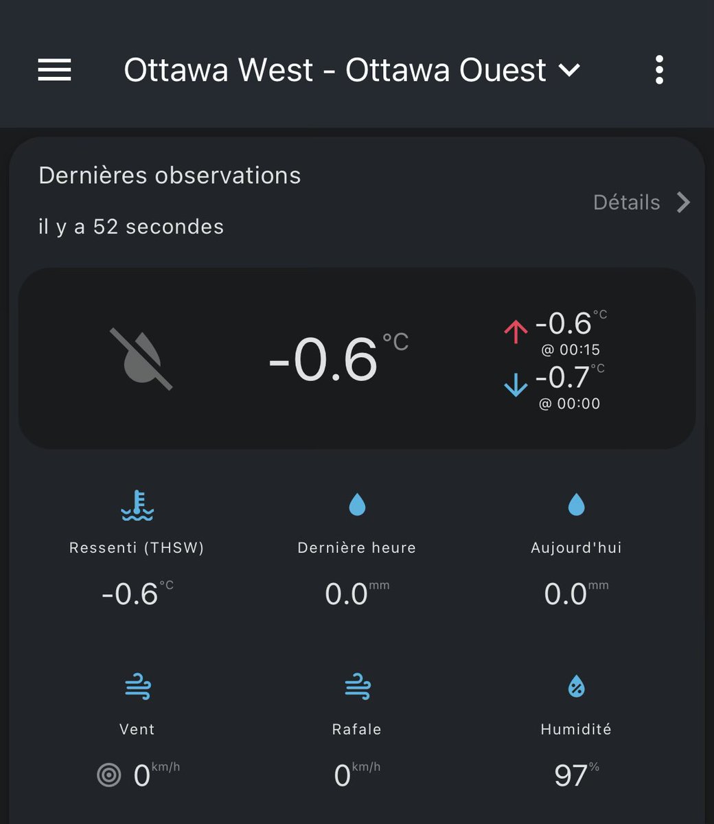 OttWeatherMeteo's tweet photo. (0 h 15) Unlike what some models were suggesting initially, temperatures seem to refuse to climb above 0°, which might mean some ice accretion is here to stay for the morning commute.

🔶🧊 Orange Freezing Rain Warning is still in effect.

 #OttCity #OttWeather #ONstorm https://t.co/wZi1zOajgp