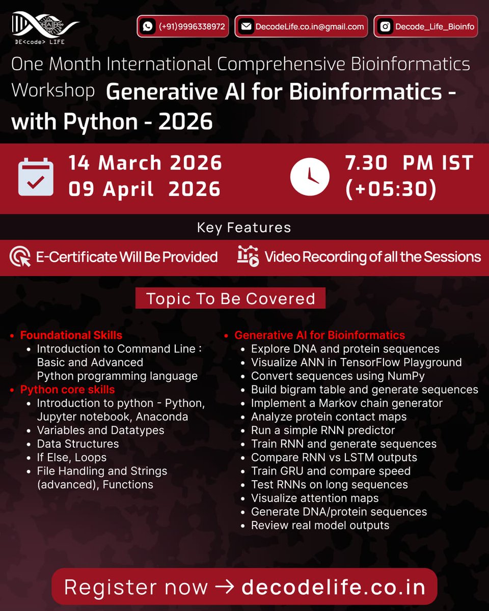 LifeDecode's tweet photo. 📢 From Saturday, March 14 - one Month International Bioinformatics Workshop

📌 Topic: Generative AI for Bioinformatics with Python

📅 Duration: 14 March – 9 April 2026
⏰ Time: 7:30 PM (Indian Standard Time)

✍️ Registration link
🔗 https://t.co/f1GItcezt1 https://t.co/A43vd6upTf