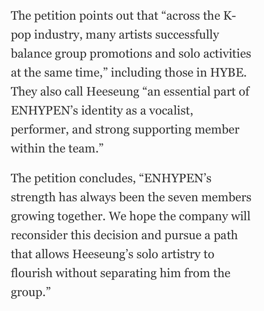 ในบรรดาสื่อ Forbes คือดูท่าจะดีสุด เพราะช่วยนำเสนอถึงวัตถุประสงค์ที่เอนจีนกำลังเรียกร้องกันอยู่ตอนนี้

คำร้องระบุว่าในอุตสาหกรรม K-pop ศิลปินหลายคนสามารถทำกิจกรรมโปรโมทแบบกลุ่มและงานเดี่ยวไปพร้อมกันได้อย่างประสบความสำเร็จ รวมถึงศิลปินใน HYBE ด้วย