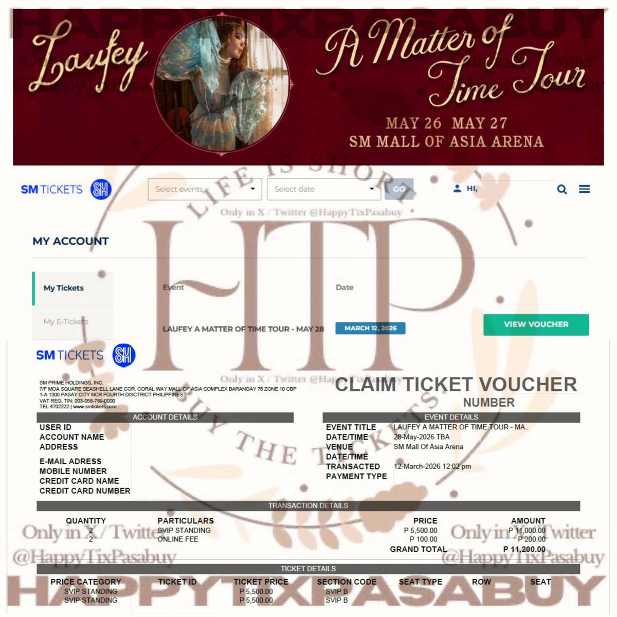HappyTixPasabuy's tweet photo. LAUFEY : A MATTER OF TIME TOUR IN MANILA (ADDED SHOW DATE - MAY 28) - Secured March 12 - Part 3
✅ Secured SVIP STANDING, BOX B PREMIUM Tickets
✅ Early Checkout
‼️ NOT FOR SALE‼️
#TixUpdatesByKy
#Laufey #LaufeyInManila #AMatterOfTime #AMatterOfTimeTour https://t.co/Bt9sTduyz4