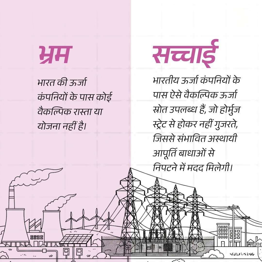 भ्रम: भारत की ऊर्जा कंपनियों के पास कोई वैकल्पिक रास्ता या योजना नहीं है। 

सच्चाई: भारतीय ऊर्जा कंपनियों के पास ऐसे वैकल्पिक ऊर्जा स्रोत उपलब्ध हैं जो होर्मुज स्ट्रेट पर निर्भर नहीं हैं और संभावित आपूर्ति बाधाओं से निपटने में सक्षम हैं।