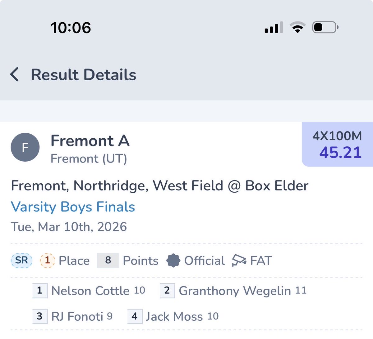 RJrFonoti's tweet photo. First high school track meet complete. Took 3rd in the 100M and 1st in the 200M  &amp; 4x100 relay. Always fun to compete and hang with my bro @romanfitisemanu Excited to see how I can improve each week throughout the season. Shout out to @tiptopathlete and my coach @NateTuatagaloa https://t.co/cFDVV7gduk
