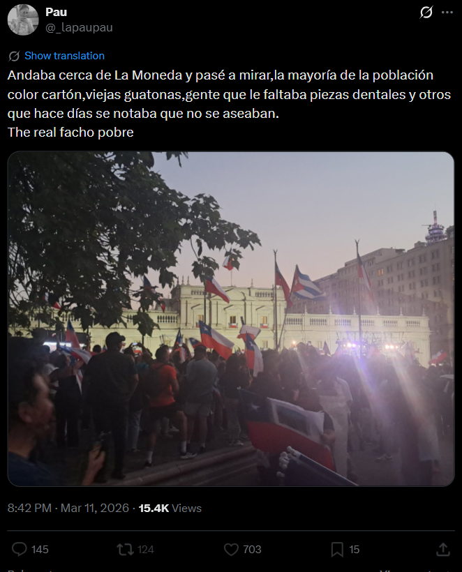 Hace muchos años que la gente más clasista y odiosa de Chile tiene domicilio en la izquierda progresista.  

La década pasada uno aún podía pensar que era una minoría, que no eran representativos, etc. Desde 2022 quedó claro que simplemente son eso.