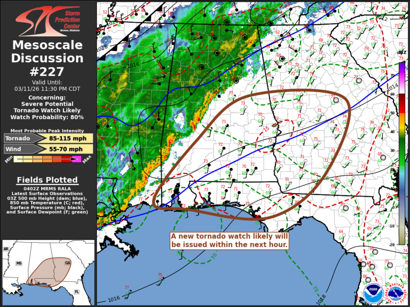 ChrisHolcomb's tweet photo. Our National Weather Service office in Peachtree City is in discussions with the Storm Prediction Center on which Georgia counties will be included in the next tornado watch.  It will be issued shortly. https://t.co/CttCnBoJk9
