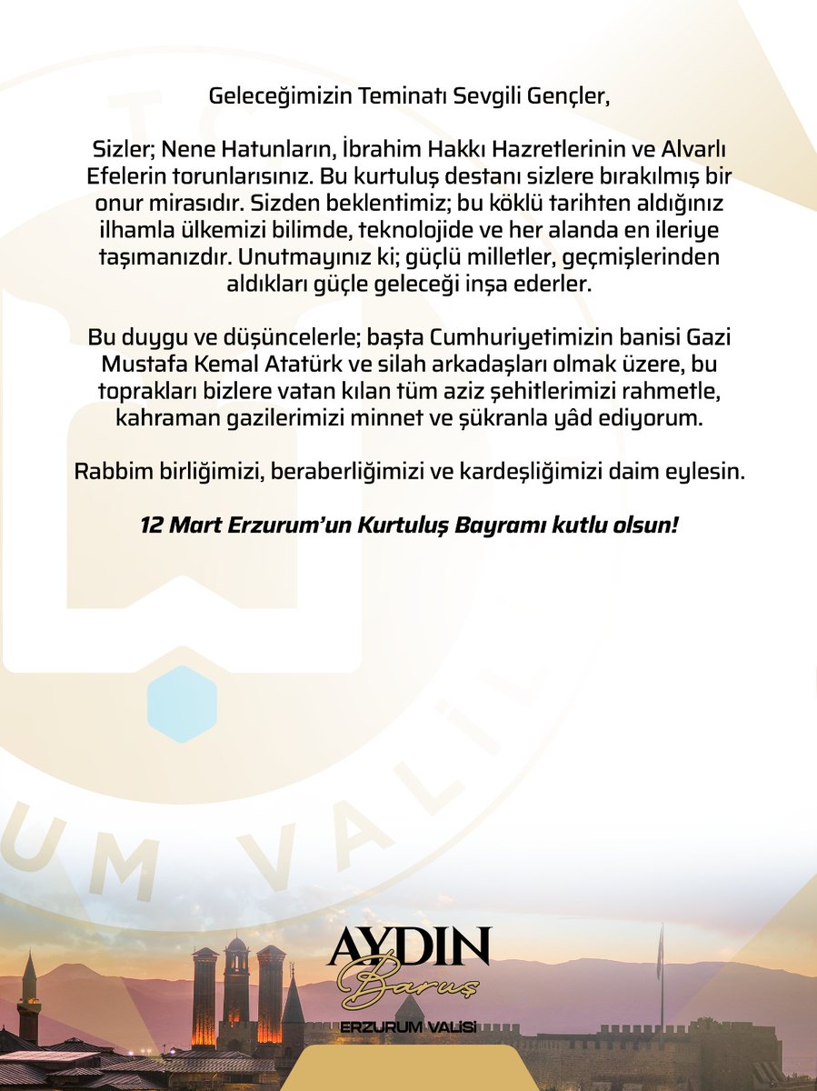📌 Valimiz Sayın Aydın Baruş, Erzurum’un düşman işgalinden kurtuluşunun 108. yıl dönümü dolayısıyla bir mesaj yayımladı. Sayın Valimiz mesajında şu ifadelere yer verdi: