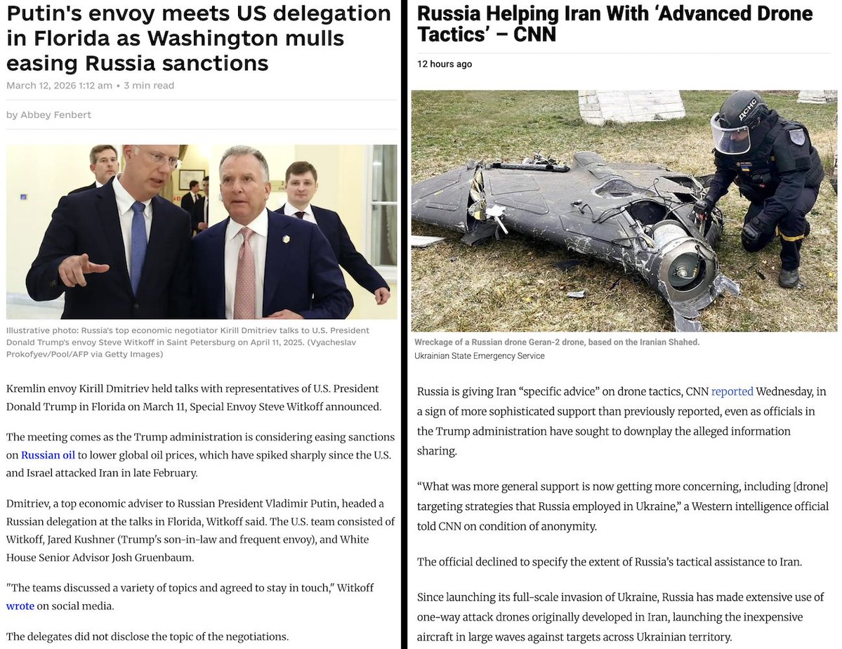 Russian envoy Dmitriev met Witkoff in Florida to discuss easing US sanctions on Russia.

Meanwhile, Russia is giving Iran advice on how to better target US forces in the Mideast with drones.

Can someone please explain to me how this is America First? I must be missing something.