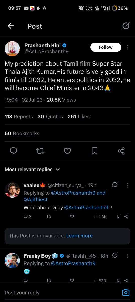 dush_anth's tweet photo. @AstroPrashanth9 It seems your old tweets are trending now as your predictions are happening. In one of them, you mentioned that Vijay would enter the Tamil Nadu Assembly this time and start roaring from 2030. That suggests he may not become the Tamil Nadu CM in this election. Ajith 2032? https://t.co/G2rAwKdw4O