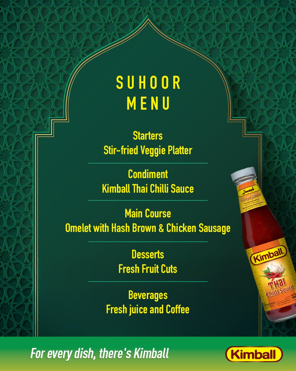 kimballarabia's tweet photo. #SuhoorMadeEasy
We get it—finalizing the perfect Suhoor menu can be a challenge. 😄 But don’t worry, we’ve got your back! 🥰

The secret to an unforgettable meal? Kimball Thai Chilli Sauce! 🌶️🤤 Try it, and you’ll see what we mean! 🤗

#Kimball #Kimballarabia #ThaiChilliSauce https://t.co/QC05Bb10xB