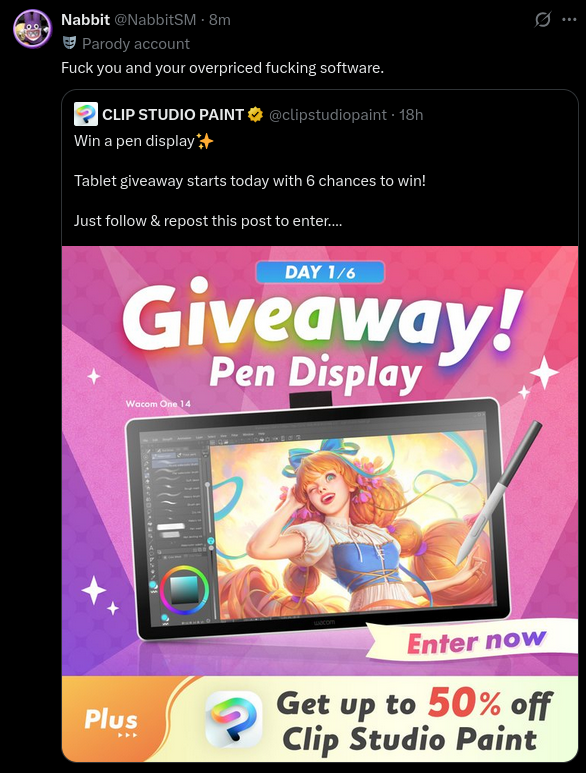 FTG2085's tweet photo. BREAKING: @NabbitSM has officially called out @clipstudiopaint for their absurd pricing.

Has this heated rivalry gone too far!? https://t.co/5AiCEm2UqU