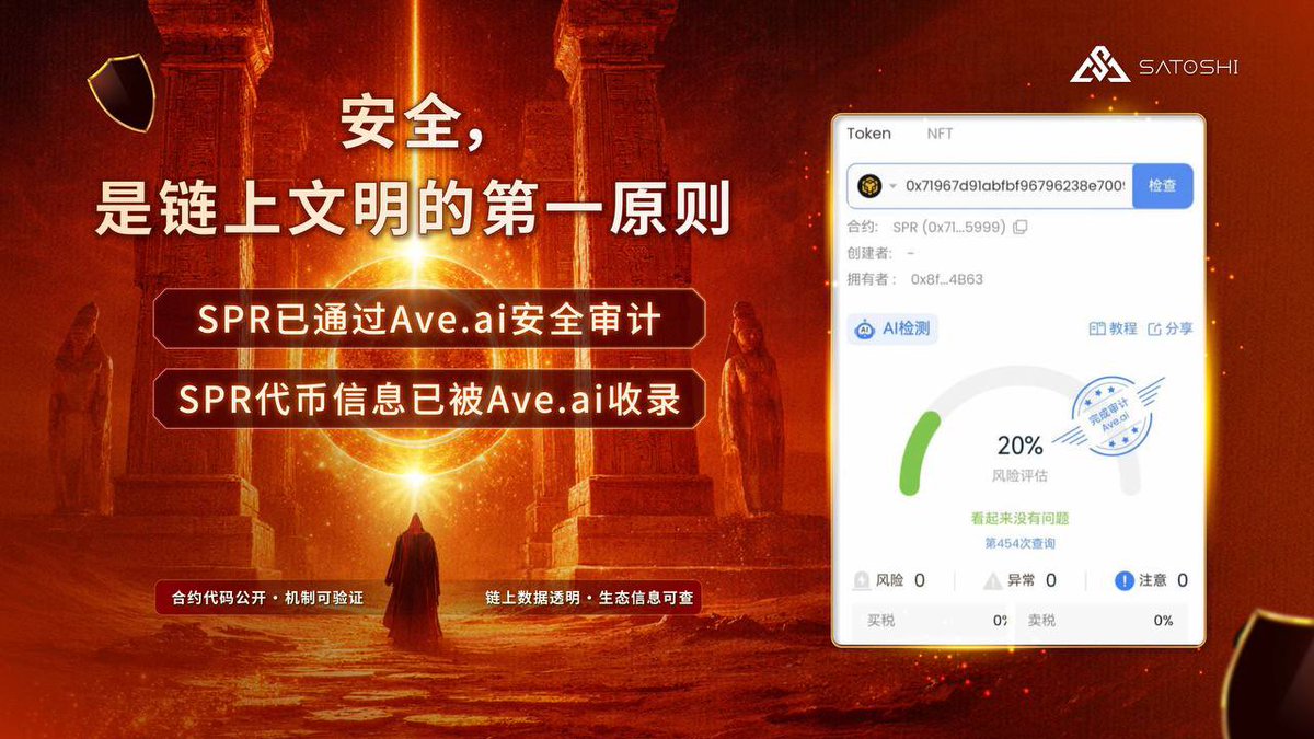 TTXaiwei's tweet photo. SPR 现已通过 https://t.co/ArqsDqAlqc 安全审计，
合约信息正式被收录🔑✨

拒绝虚浮，唯有事实与审计。
SPR，建立在逻辑之上的绝对安全🛡️

代码公开·机制可验·数据透明

#中本聪协议 #安全审计 #Ave.ai #金融文明 https://t.co/J9YJrNXadn