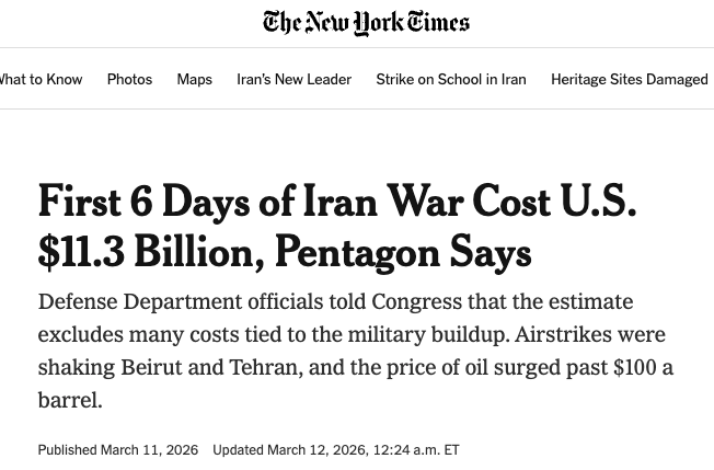 MrKevinRothrock's tweet photo. Trump's Iran War costs the U.S. $1.88 billion a day. At that rate, it will take less than 2 months to match the $109 billion sent to Ukraine over three years during the Biden admin. In only six days, the U.S. has already spent 10% of what it disbursed to Kyiv after Russia's Feb 2022 invasion.