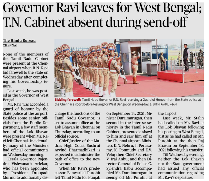 Governor R.N. Ravi heads to West Bengal after completing his TN stint. No Cabinet members at the airport farewell.

In politics, even departures can carry messages louder than speeches.

#TamilNadu #IndianPolitics #Federalism #NewsNotes