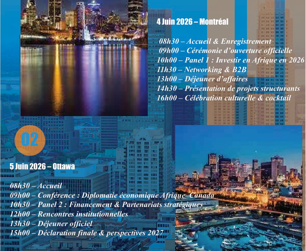 joamaconsulting's tweet photo. ✍️
ENREGISTREMENT À L'ÉVÉNEMENT de juin 2026!
Lieu/ Agenda/ Contact
📌
@Universal Business &amp; Tour officiel, @Yvette Mamgue
En Mission économique et culturelle au @Canada
🌎
Du jeudi 4 juin (Montréal) au vendredi 5 juin (Ottawa) 2026
Sous: 
@ECCA-@MICOMA 6e éd., @joamaconsulting https://t.co/bmbNehVuQS