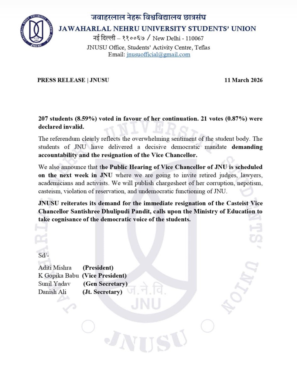 JNUPoliticalHub's tweet photo. JNU Students' Verdict is OUT!

90.54% students voted for VC Santishree Dhulipudi Pandit’s resignation in JNUSU referendum!
Only 8.59% wanted her to continue.
Casteist VC Must Resign NOW!
Public Hearing next week. Chargesheet coming.
JNU has spoken. Listen!

#JNUFightsBack
JNUSU https://t.co/4oR4GGMngs