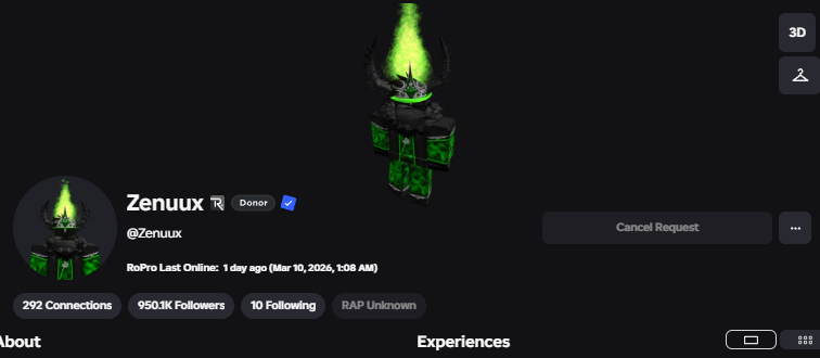 CYNIX_CELLS's tweet photo. 🎉Congratulations @Zenuuux for hitting 950k followers on Roblox proud to be part of that following 1m soon 🥳 https://t.co/zkU7YtNLug