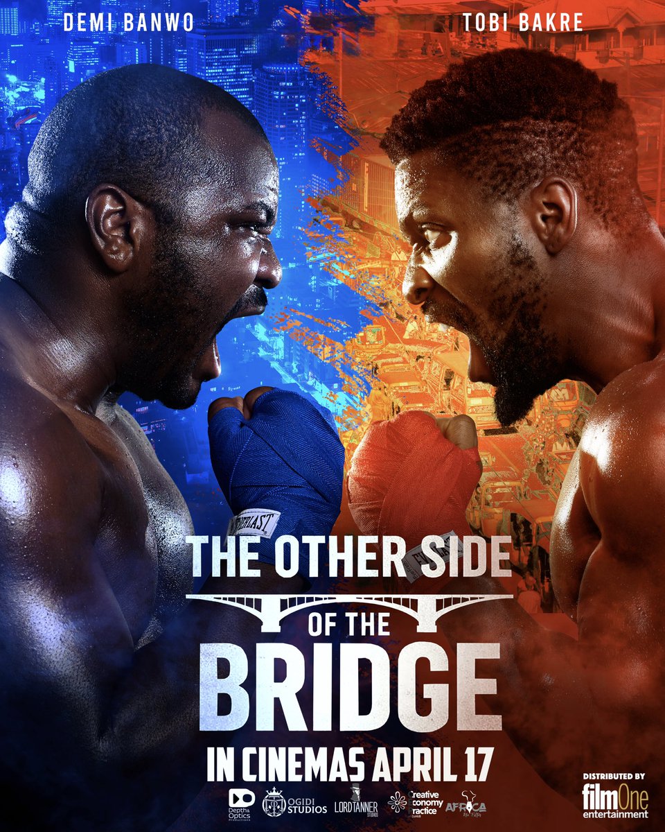 tobibakre's tweet photo. We became boxers to make this one!!! One year of blood, sweat and black eye
Two sides of Lagos.
Two different lives.
One bridge connecting them.
The Other Side of the Bridge, coming to cinemas nationwide April 17th!
#TOSOB
#TheOtherSideOfTheBridgeFilm
#PosterReveal
#DropTheShield