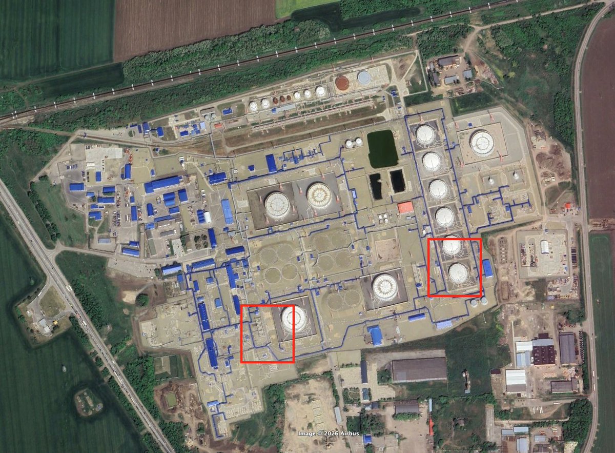 GEOSudoku's tweet photo. Tikhoretsk, Russia — March 12, 2026
While NASA FIRMS remains silent, we’ll allow ourselves to do a bit of their work.
Fuel  tanks are burning at the Tikhoretskaya oil depot in Krasnodar Krai.

POI1: 45.84152307227537, 40.180090999840395
POI2: 45.84273961886266, 40.185956835329364 https://t.co/6q8jvGGAJF